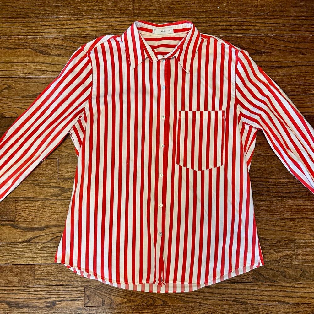 Mango Red & White Striped Button-Down Shirt